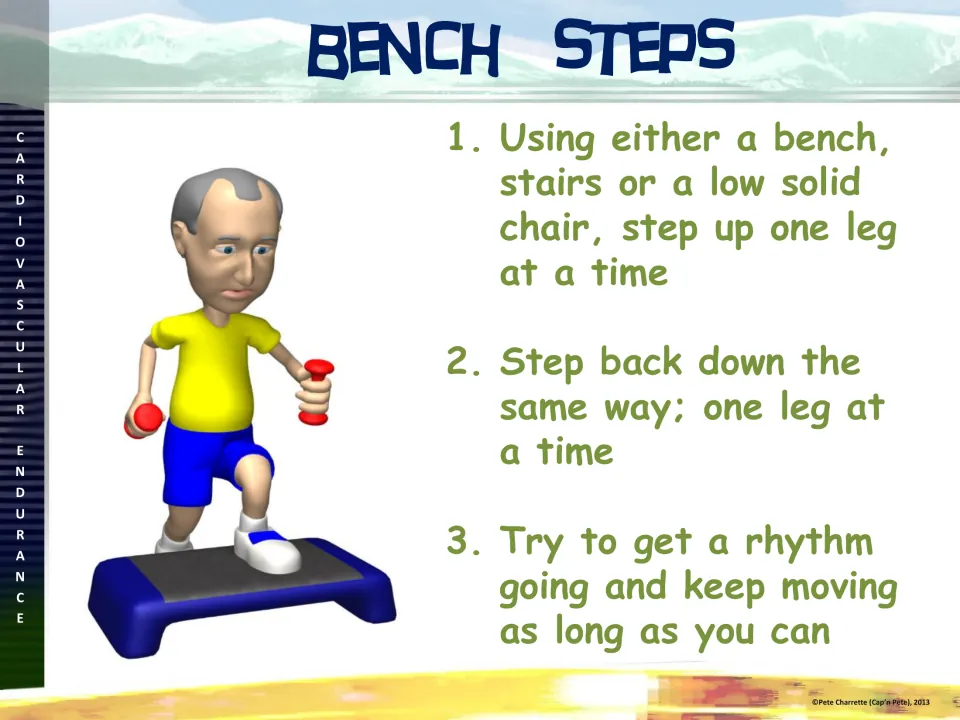 Bench steps station card: step up onto a bench, stairs or low chair one leg at a time, step down, and keep a steady rhythm