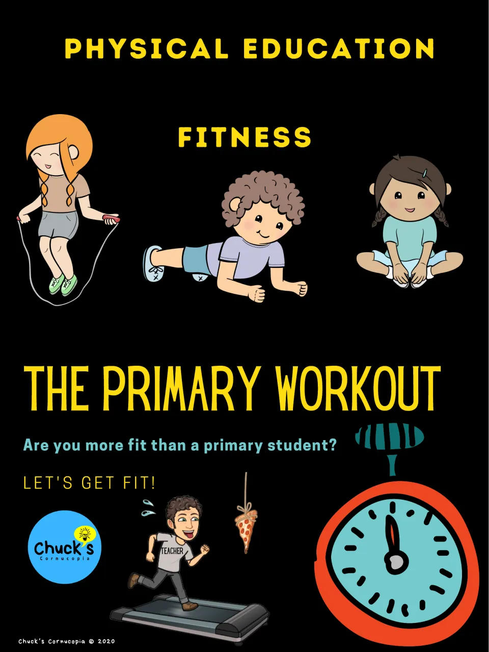 Cover of P.E. Fitness: The Primary Workout, showing children jump roping, planking and stretching, with a stopwatch