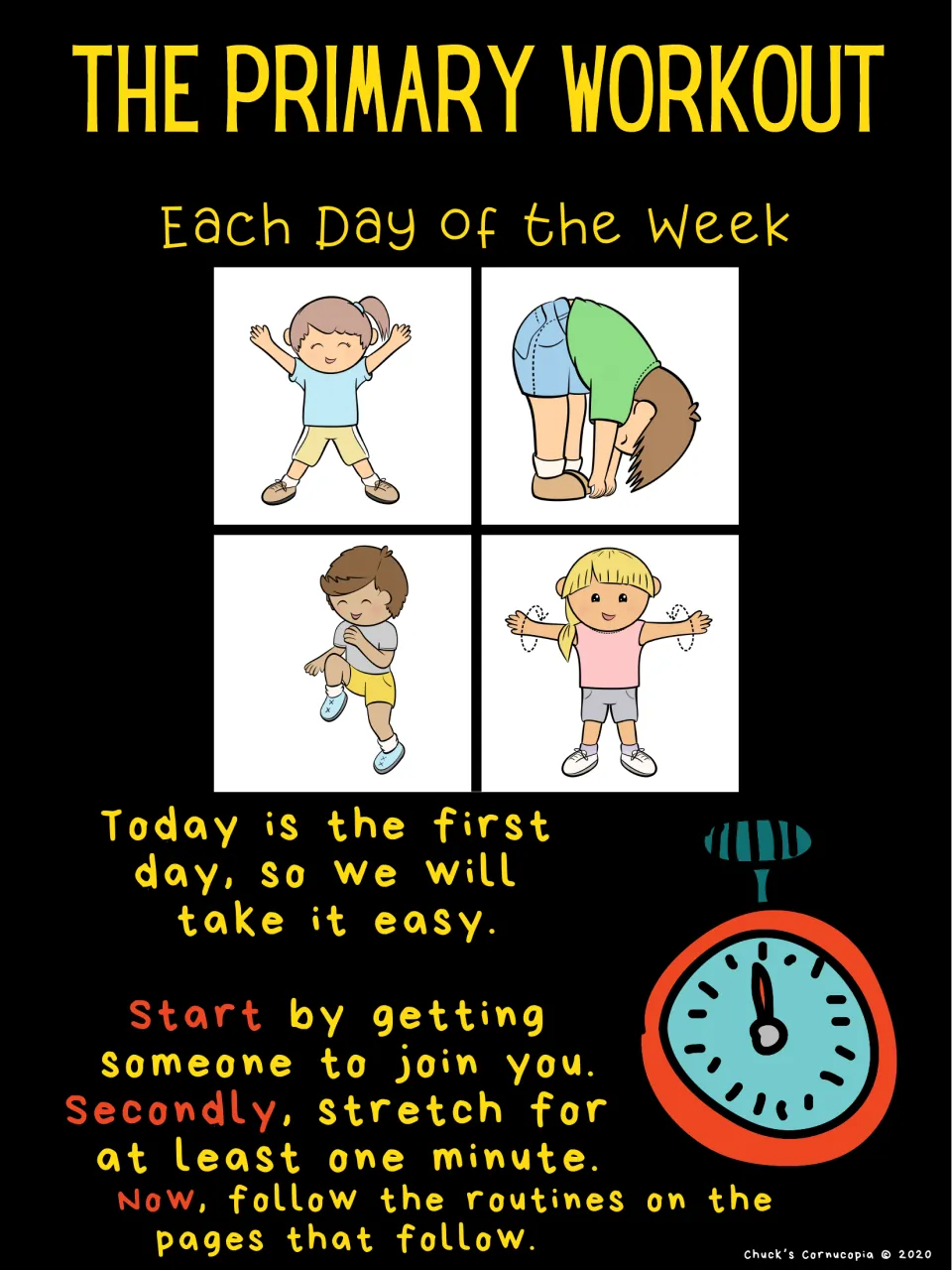 Weekly workout intro: students find a partner, stretch for at least one minute, then follow the routines on later pages