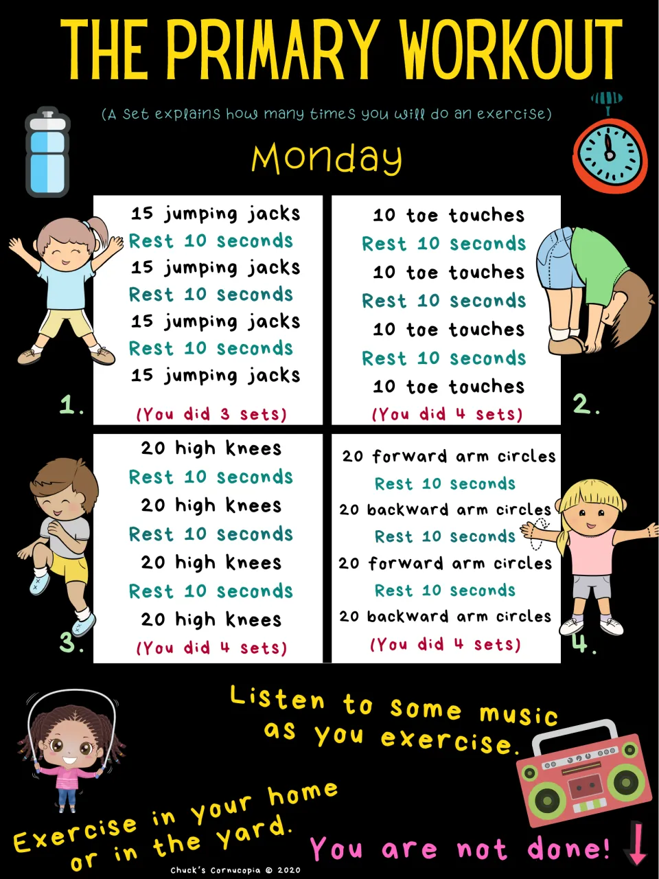 Monday exercise sets: students do jumping jacks, toe touches, high knees and arm circles, resting 10 seconds between sets