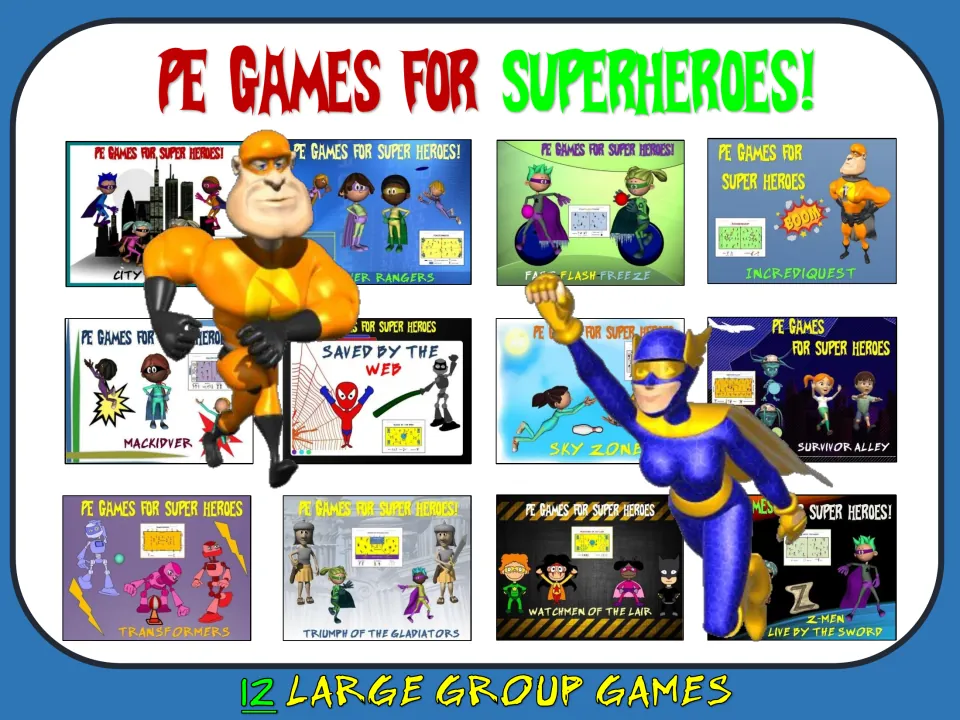 Superhero PE game collection cover showing title cards for all 12 games, from City Avengers to Z-Men, and two 3D superheroes