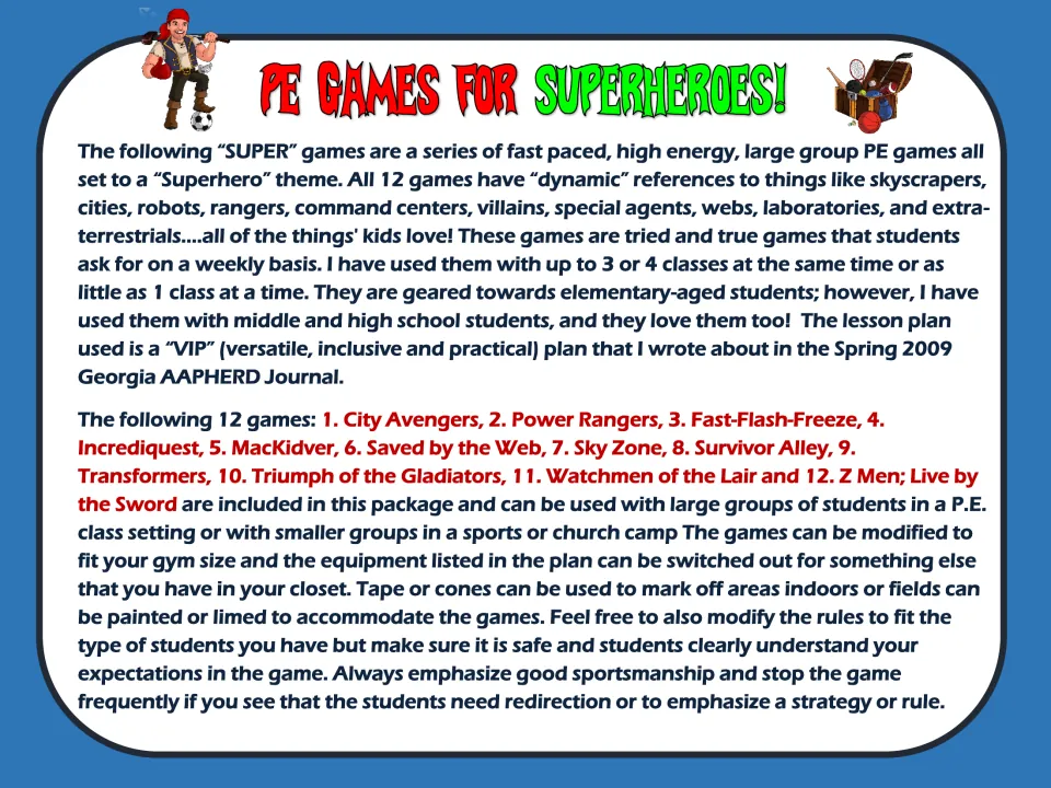 Game overview: the 12 superhero-themed games listed with tips on adapting equipment, gym size, rules and sportsmanship