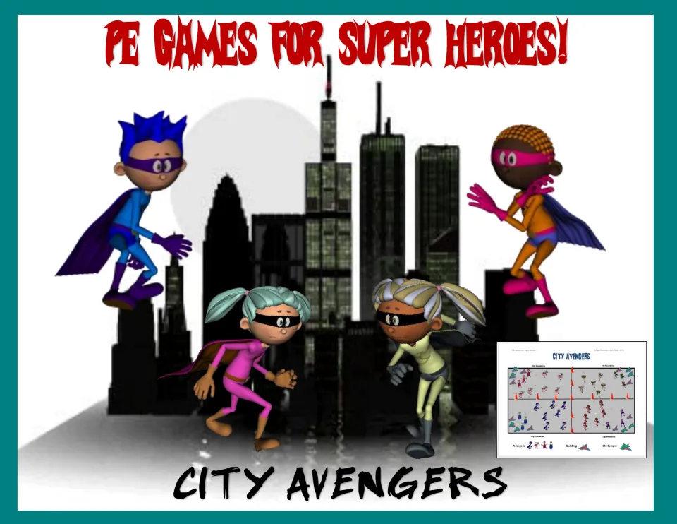 City Avengers title page: four masked superhero kids in front of a city skyline, with a small preview of the court diagram