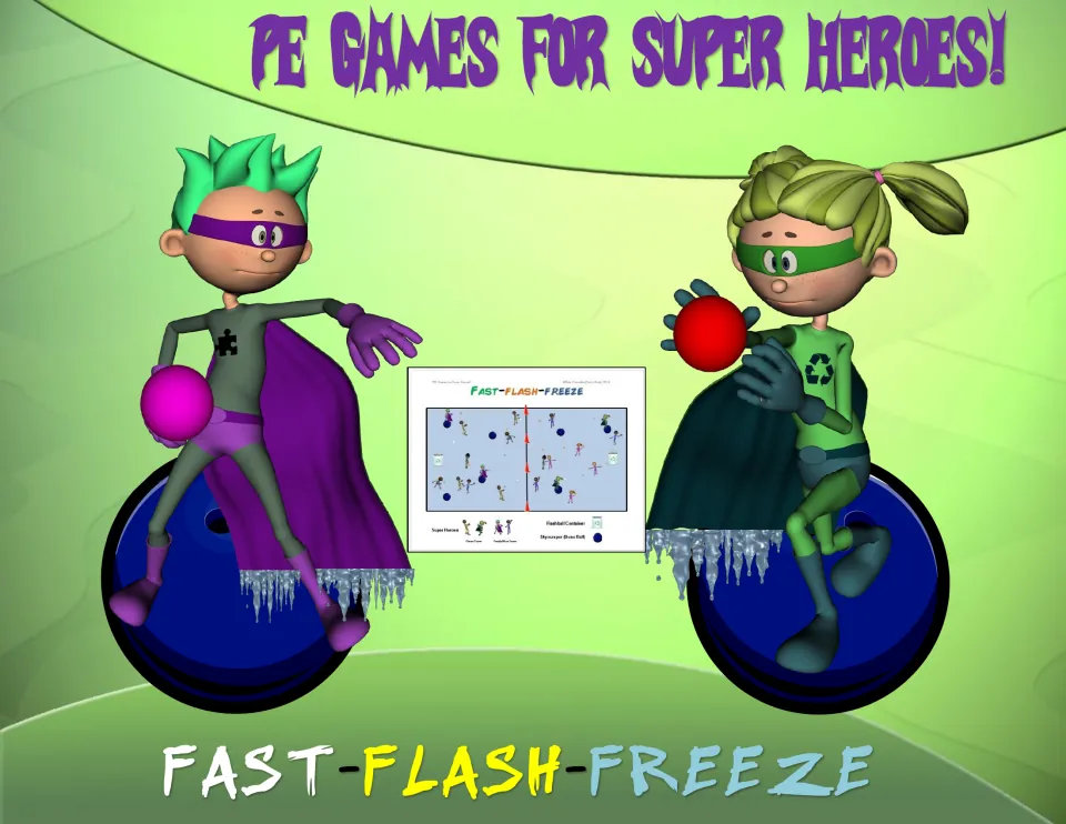 Fast-Flash-Freeze title page: two masked superheroes holding balls while sitting on Bosu balls, with a court diagram preview