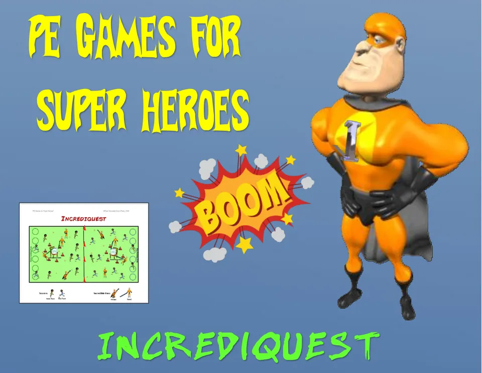 Incrediquest title page: an orange muscled superhero beside a BOOM burst and a small preview of the game's field diagram