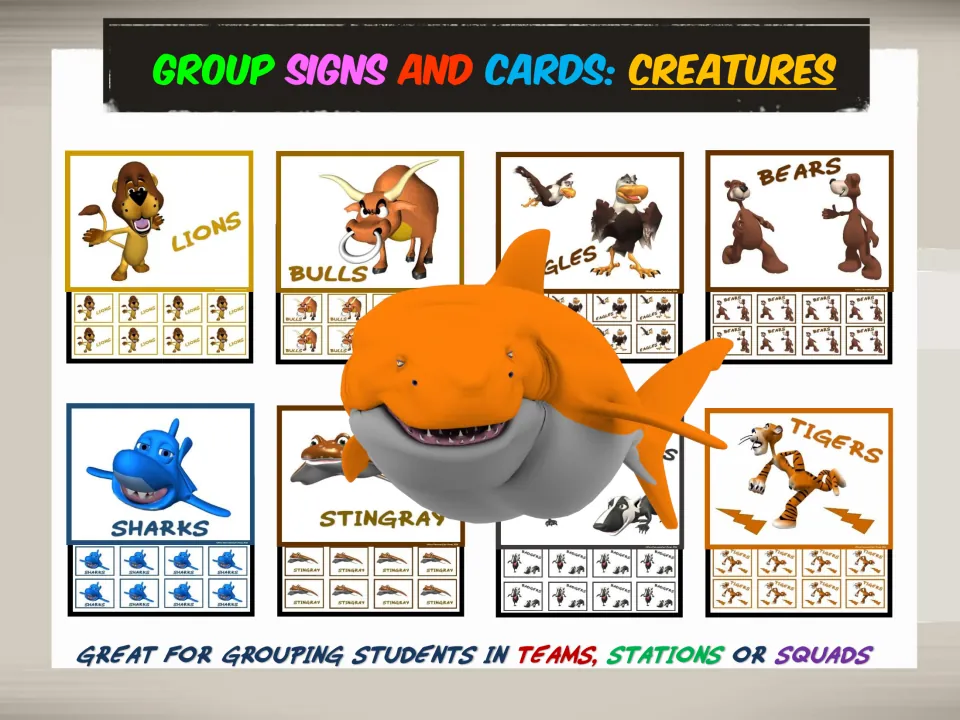 Cover of the creature grouping signs and cards set, showing animal signs and matching student group cards