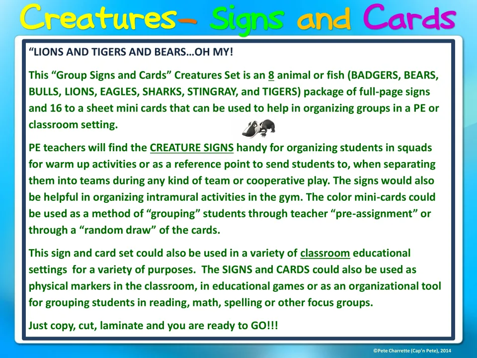 Introduction to eight creature grouping signs and matching cards, with PE and classroom grouping uses