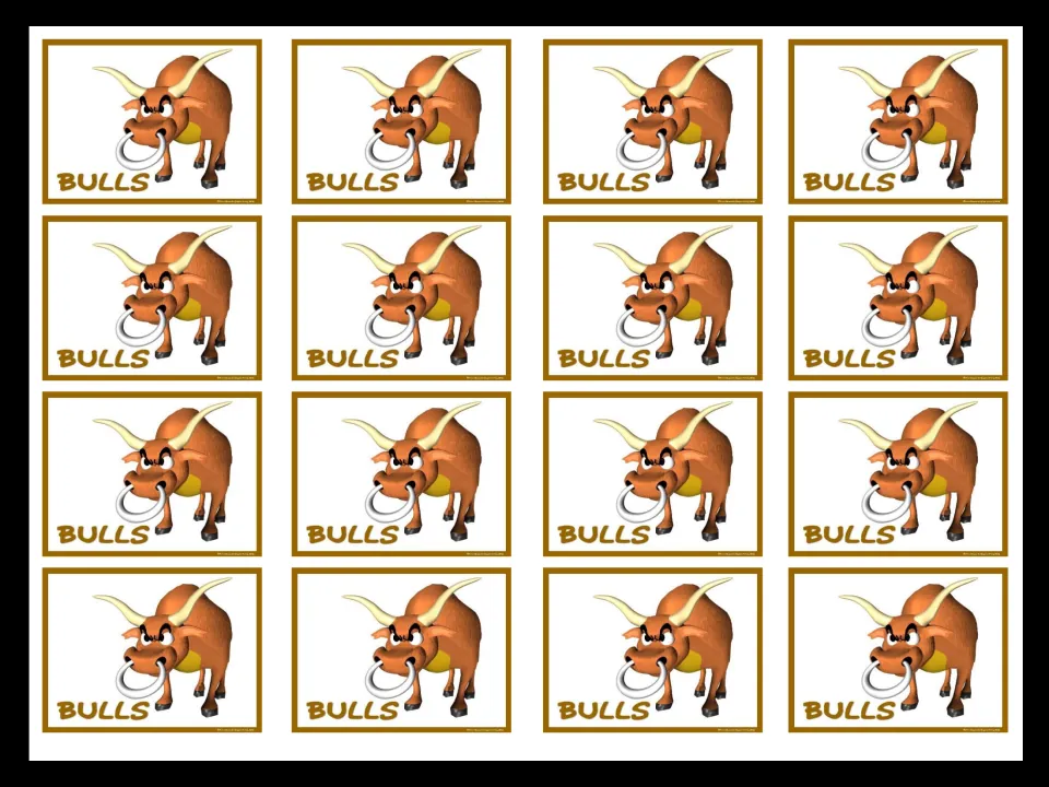 Sixteen matching Bulls mini cards, each showing a cartoon bull and the group name for student grouping