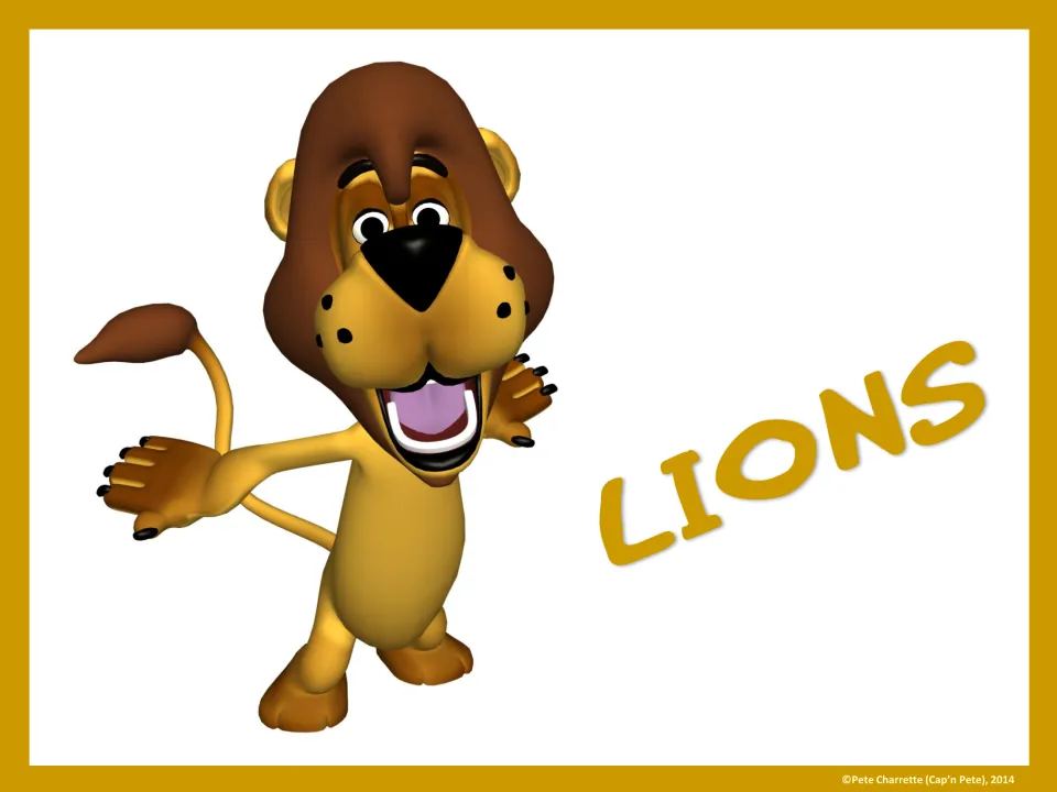 Full-page Lions group sign featuring a cartoon lion for identifying a PE or classroom student group