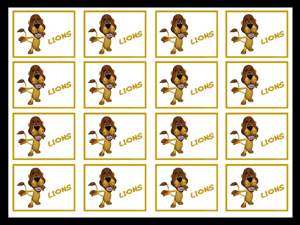 Sixteen matching Lions mini cards, each showing a cartoon lion and the group name for student grouping