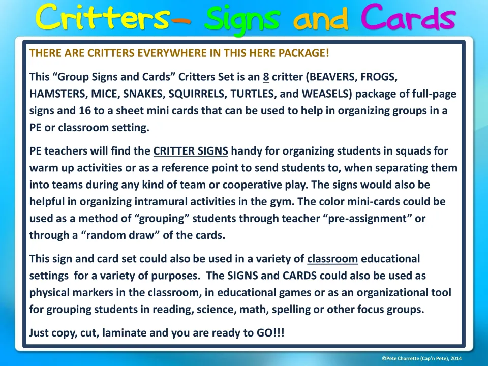 Instructions for eight critter signs and matching cards, printed 16 per sheet, for PE and classroom groups