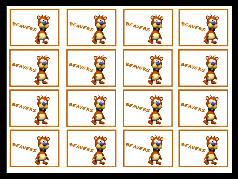 Sixteen matching Beavers mini cards, each showing a cartoon beaver and its group name, for grouping students