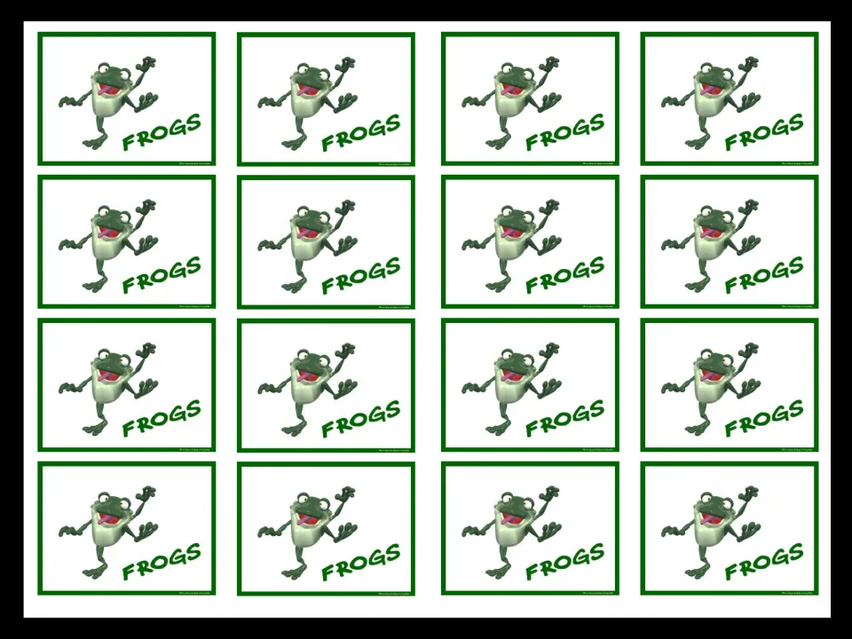 Sixteen matching Frogs mini cards, each showing a cartoon frog and its group name, for grouping students