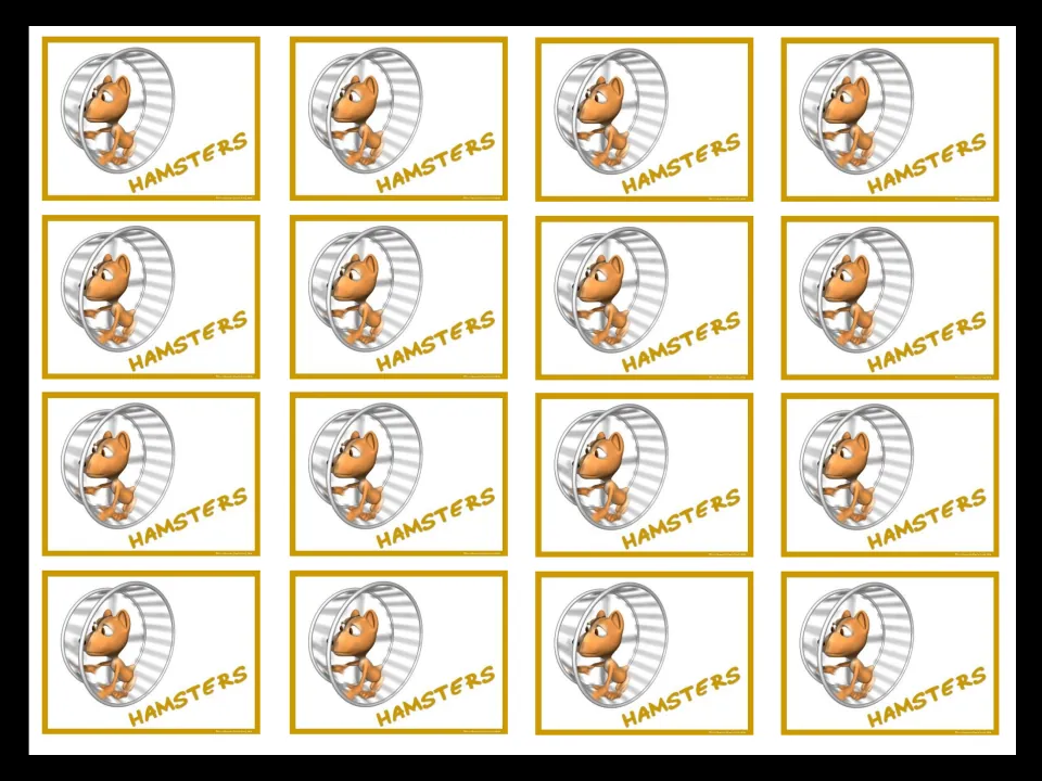 Sixteen matching Hamsters mini cards showing a hamster in a wheel and its group name for grouping students