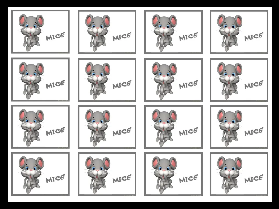Sixteen matching Mice mini cards, each showing a cartoon mouse and its group name, for grouping students