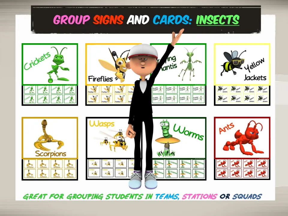 Cover showing eight bug-themed group signs and matching cards, including ants, crickets, fireflies and worms