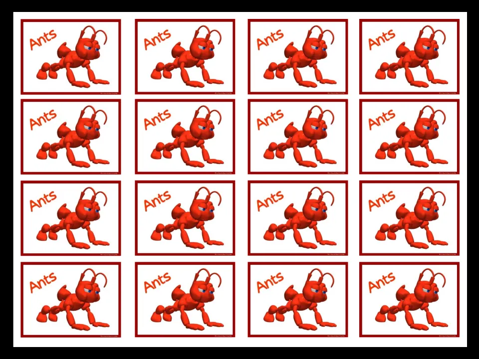 Sheet of 16 matching Ants mini cards, each labeled Ants and showing a red cartoon ant for student grouping