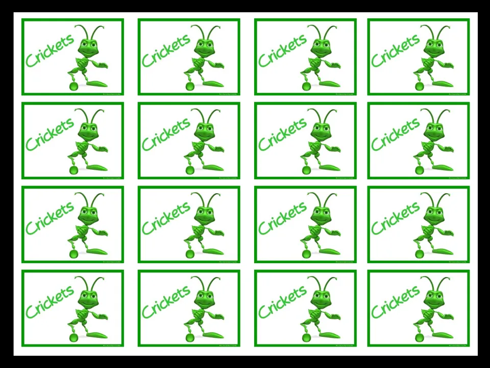 Sheet of 16 matching Crickets mini cards, each labeled Crickets and showing a green cricket for grouping