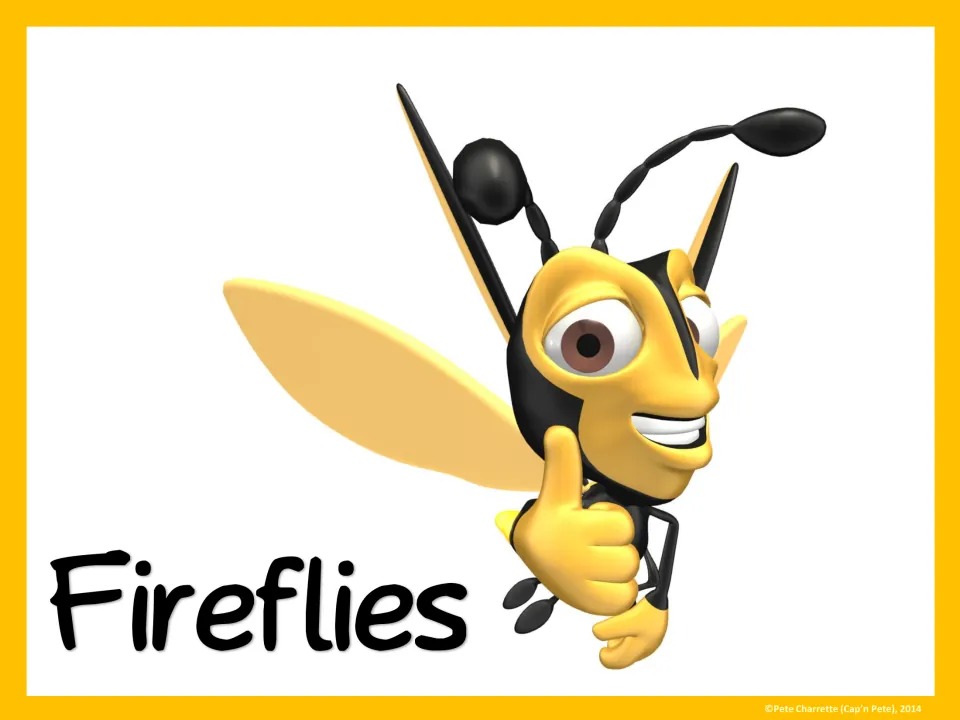Full-page Fireflies group sign featuring a yellow and black cartoon firefly for identifying a student group