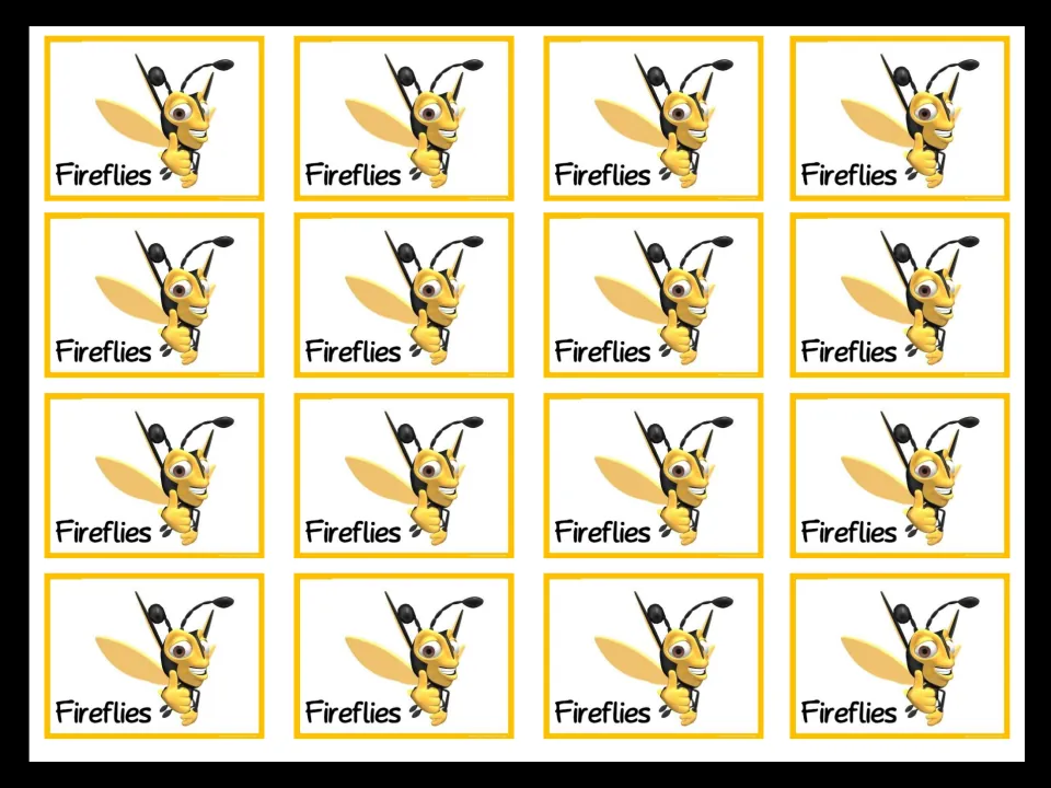 Sheet of 16 matching Fireflies mini cards, each labeled Fireflies and showing a cartoon firefly for grouping