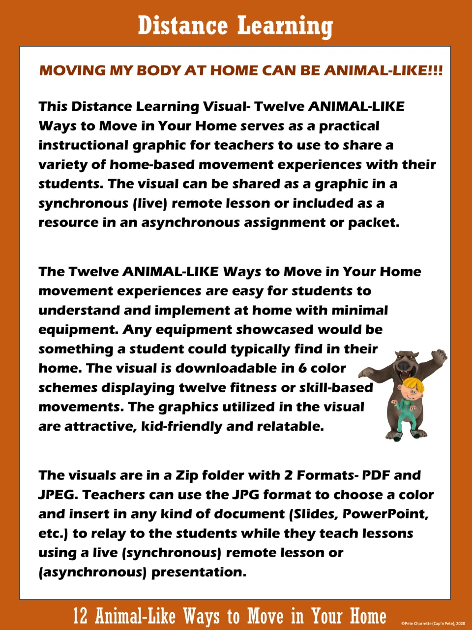 Teacher guide for the 12 animal movement poster, explaining remote lesson uses and PDF and JPEG formats