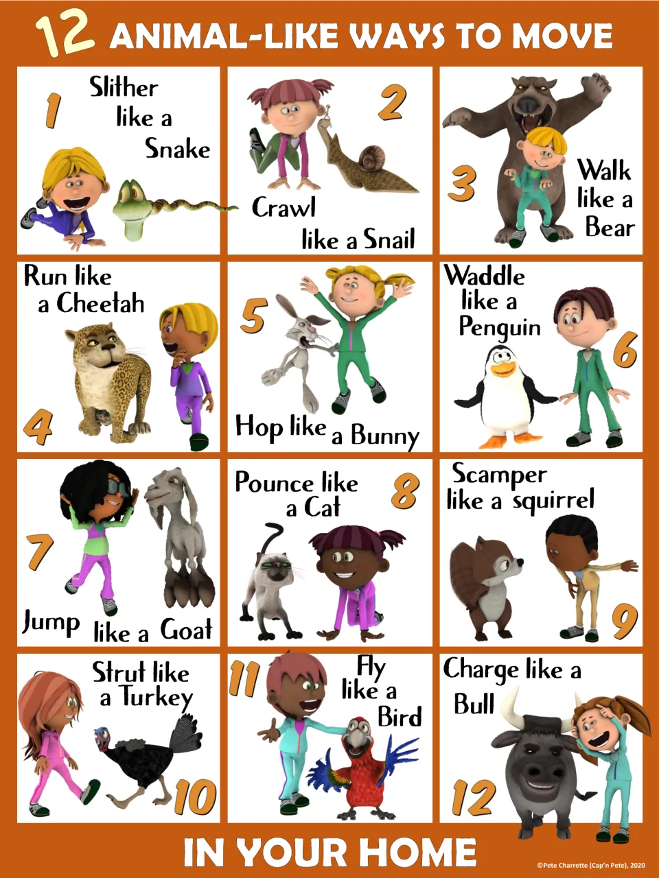 Orange home PE poster showing 12 animal movements, including slither like a snake and crawl like a snail