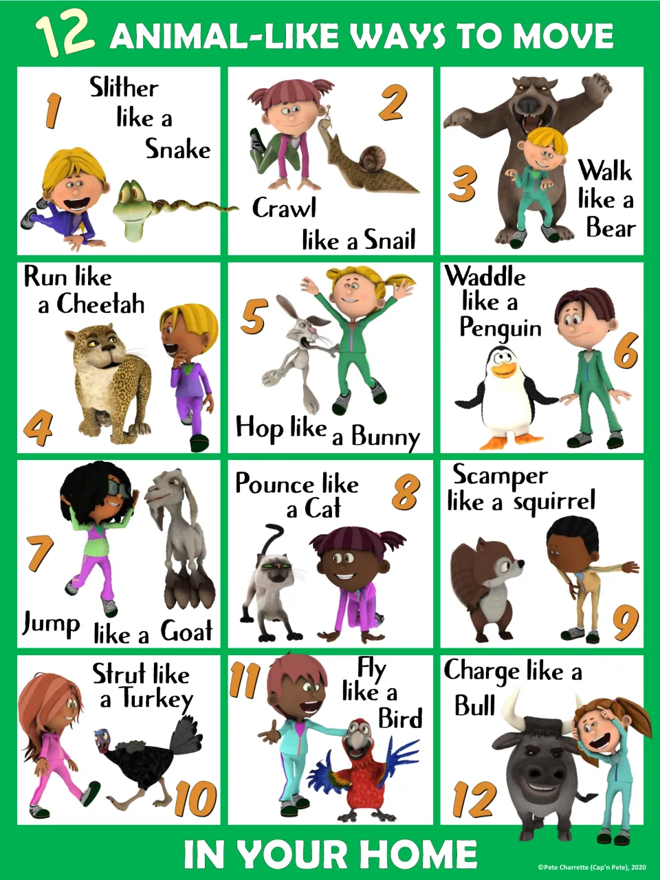 Green home PE poster showing 12 animal movements, including walk like a bear and run like a cheetah