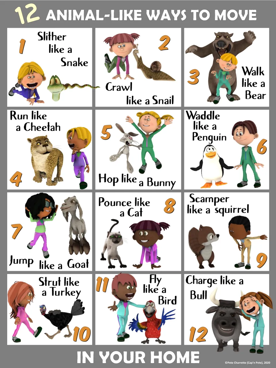 Gray home PE poster showing 12 animal movements, including hop like a bunny and waddle like a penguin