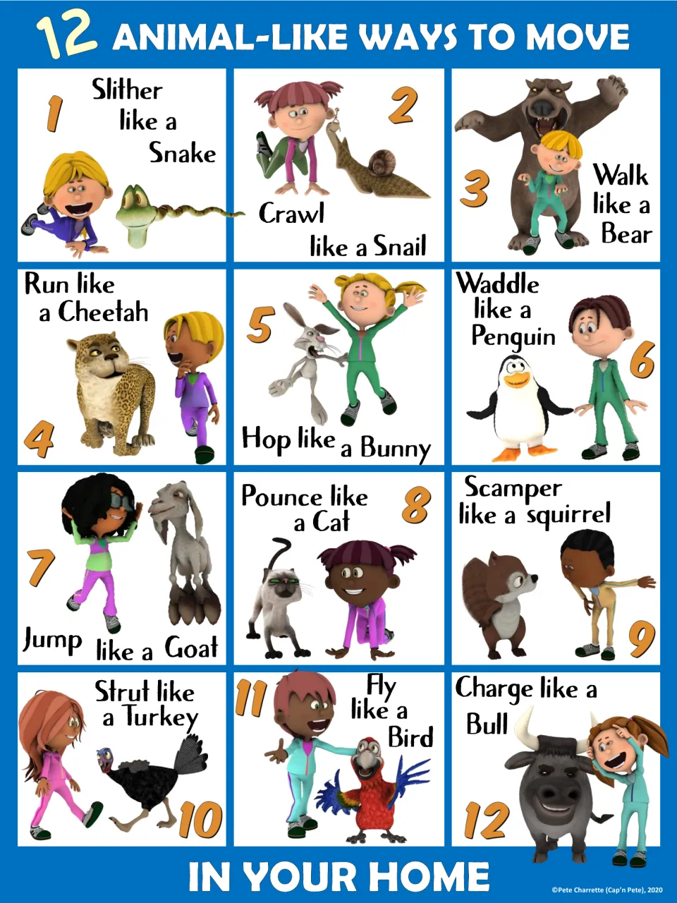 Blue home PE poster showing 12 animal movements, including jump like a goat and pounce like a cat