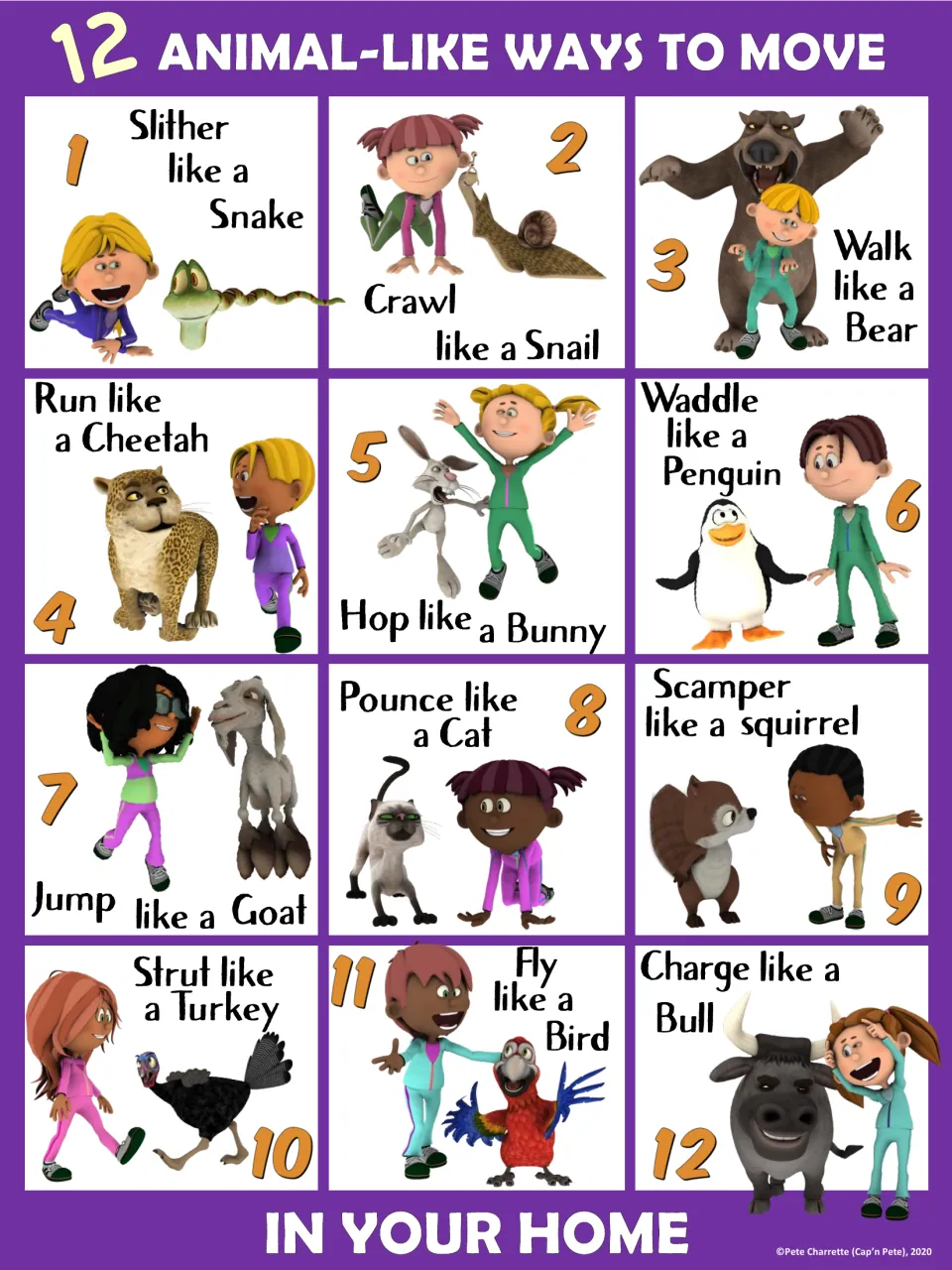 Purple home PE poster showing 12 animal movements, including scamper like a squirrel and strut like a turkey