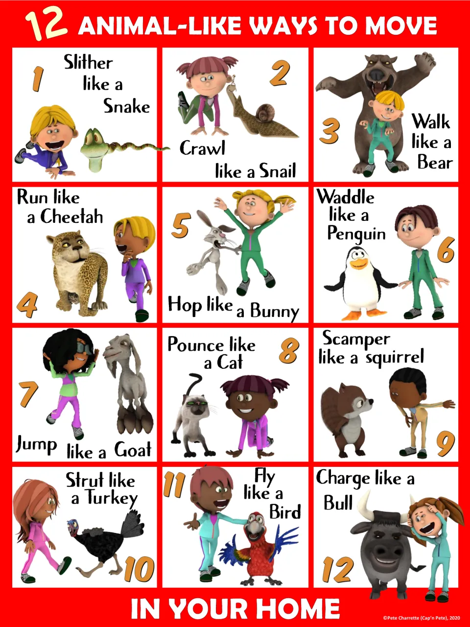 Red home PE poster showing 12 animal movements, including fly like a bird and charge like a bull