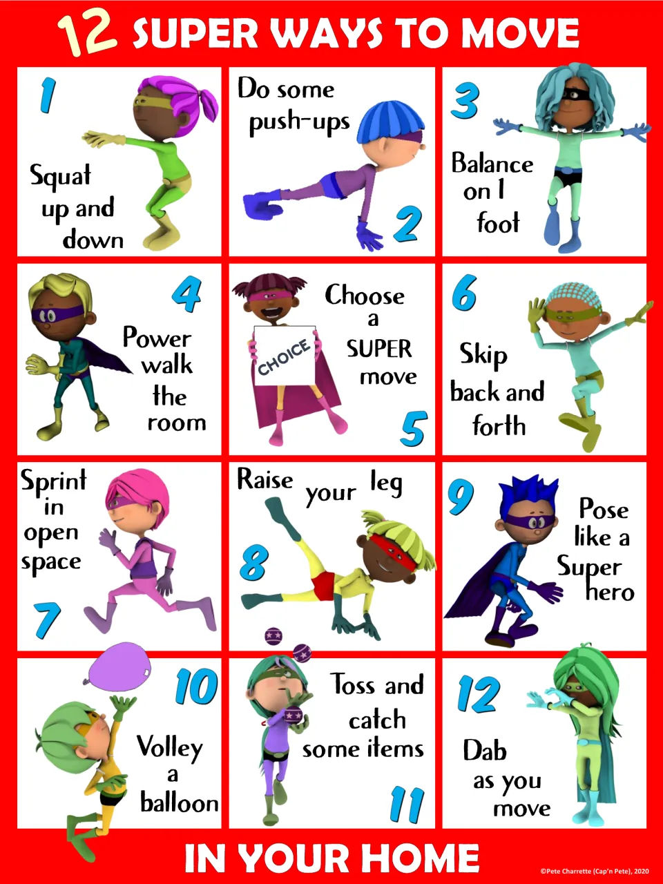Red home movement poster featuring 12 prompts, including squats, push-ups, balancing, and balloon volleys