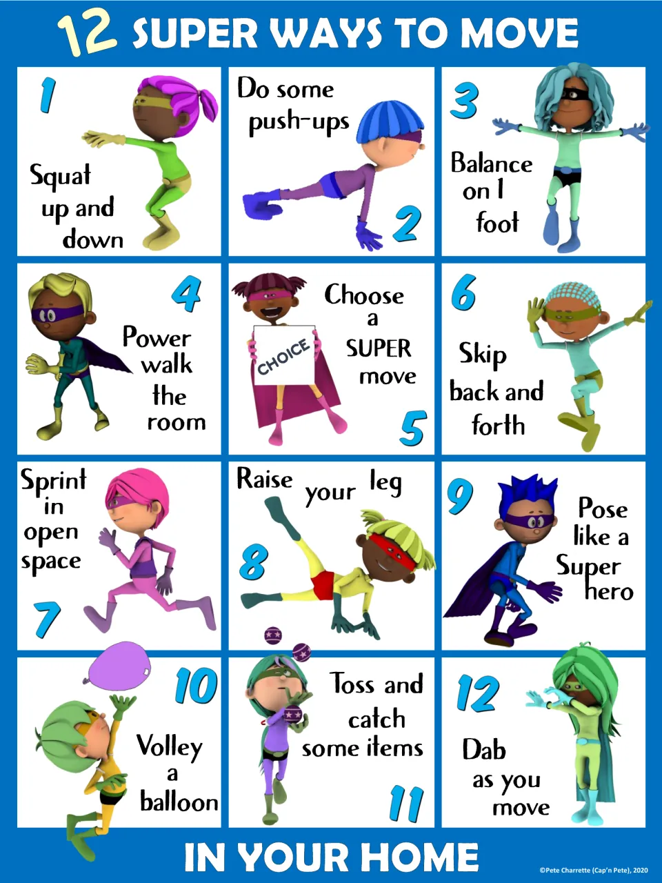 Blue home movement poster featuring 12 prompts, including squats, push-ups, balancing, and balloon volleys
