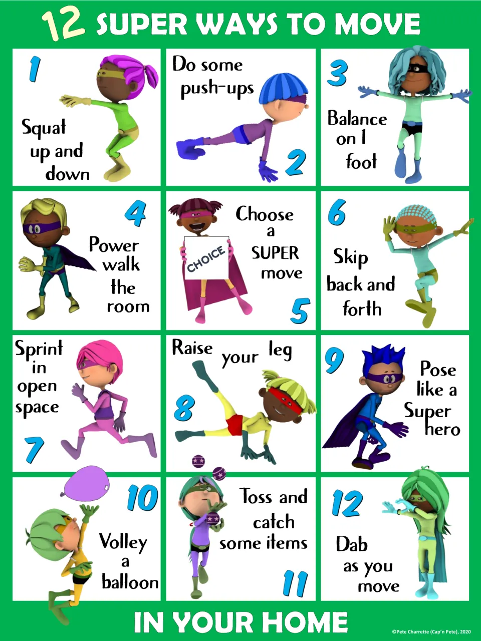 Green home movement poster featuring 12 prompts, including squats, push-ups, balancing, and balloon volleys