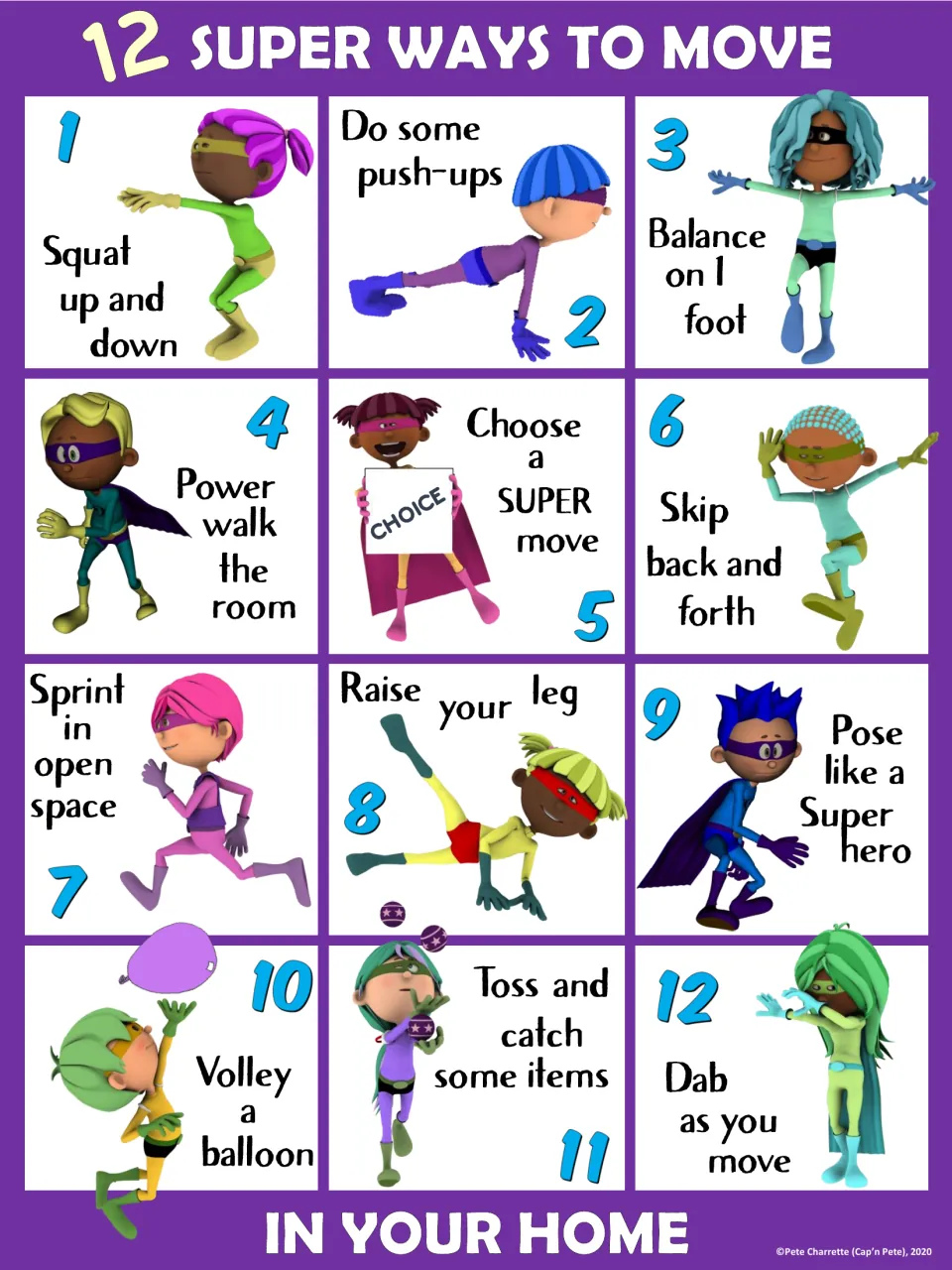 Purple home movement poster featuring 12 prompts, including squats, push-ups, balancing, and balloon volleys
