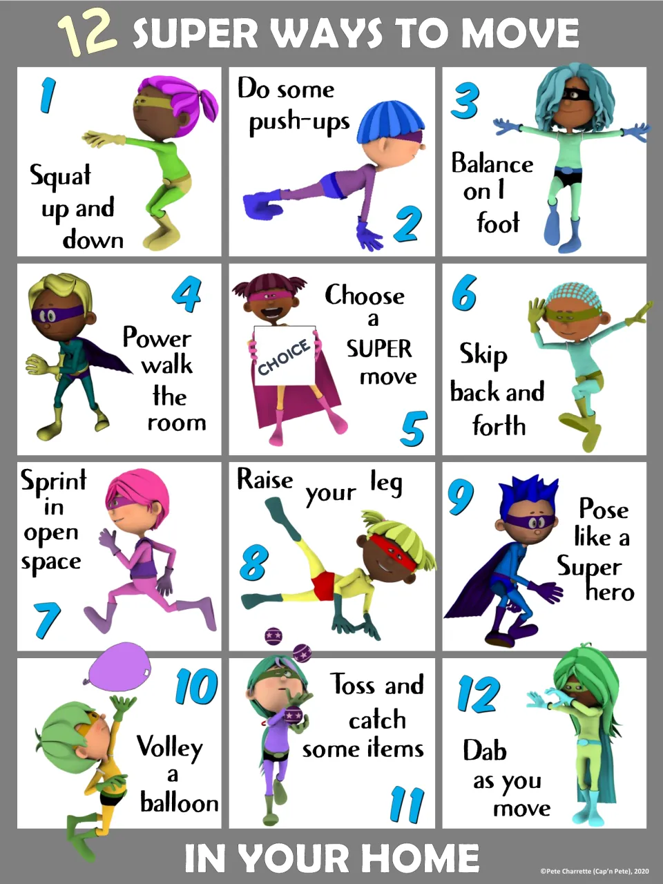 Gray home movement poster featuring 12 prompts, including squats, push-ups, balancing, and balloon volleys