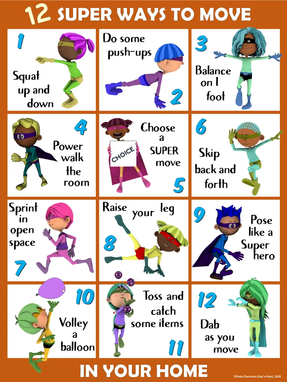 Orange home movement poster featuring 12 prompts, including squats, push-ups, balancing, and balloon volleys