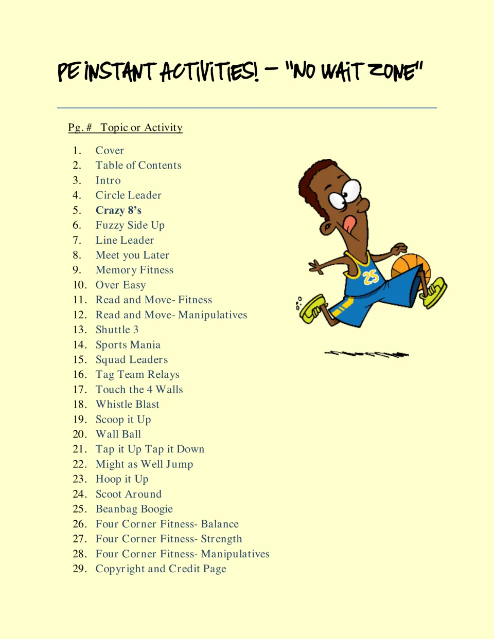 Table of contents listing 25 PE activities, from Circle Leader to Four Corner Fitness, plus introductory pages