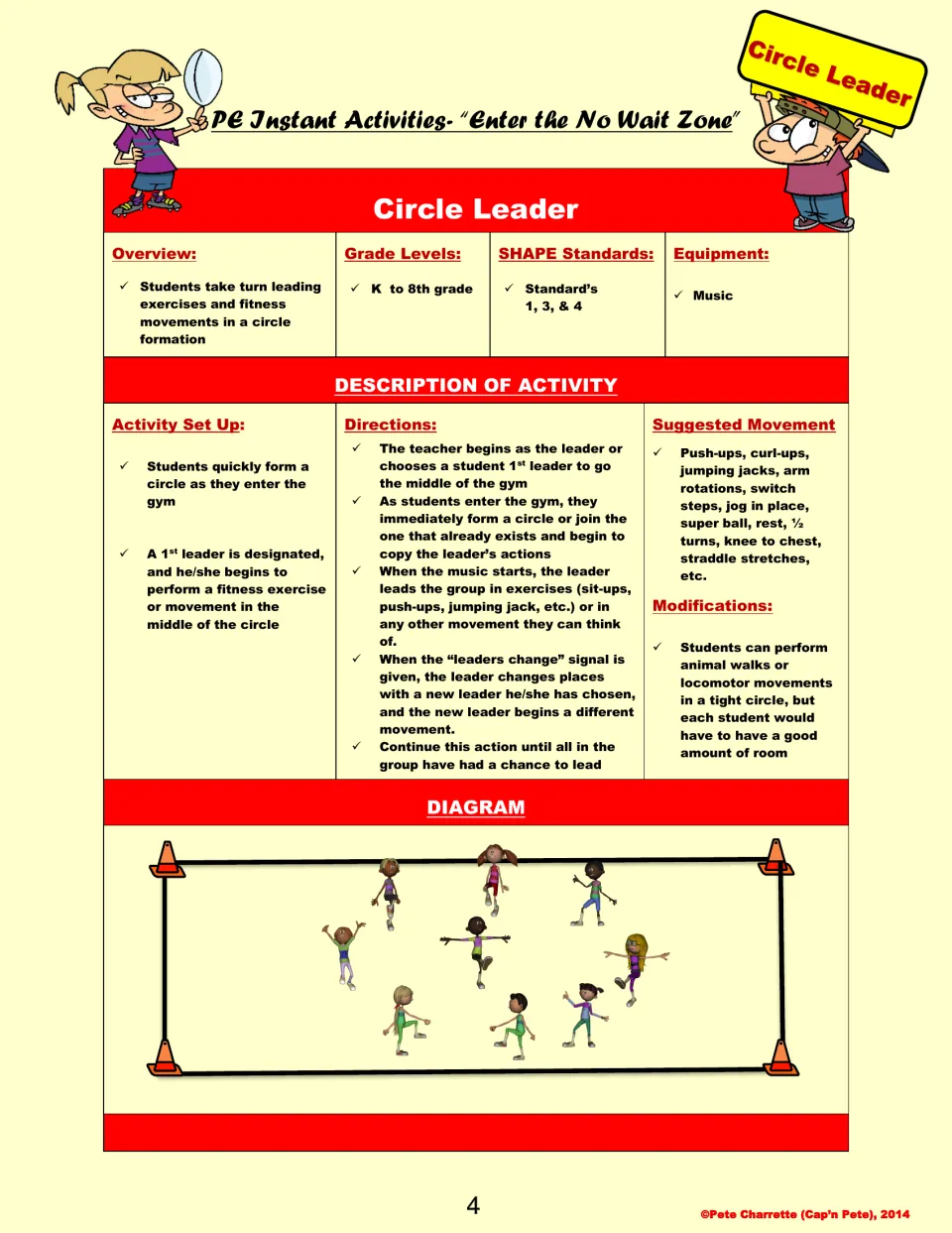 Circle Leader lesson plan: students take turns leading exercises in a circle, with directions and a diagram