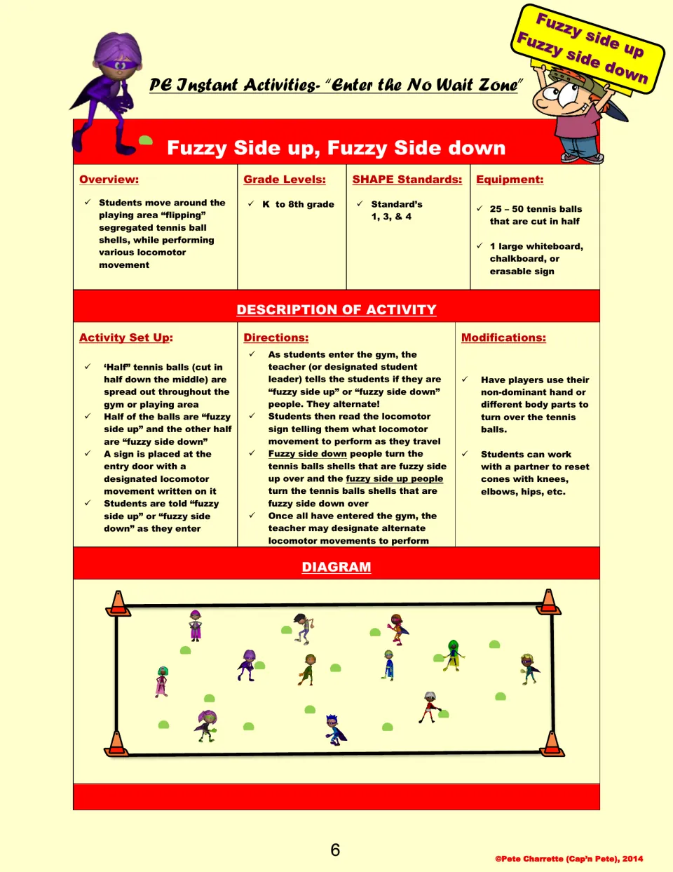 Fuzzy Side up, Fuzzy Side down lesson plan: students flip tennis ball halves while using locomotor movements