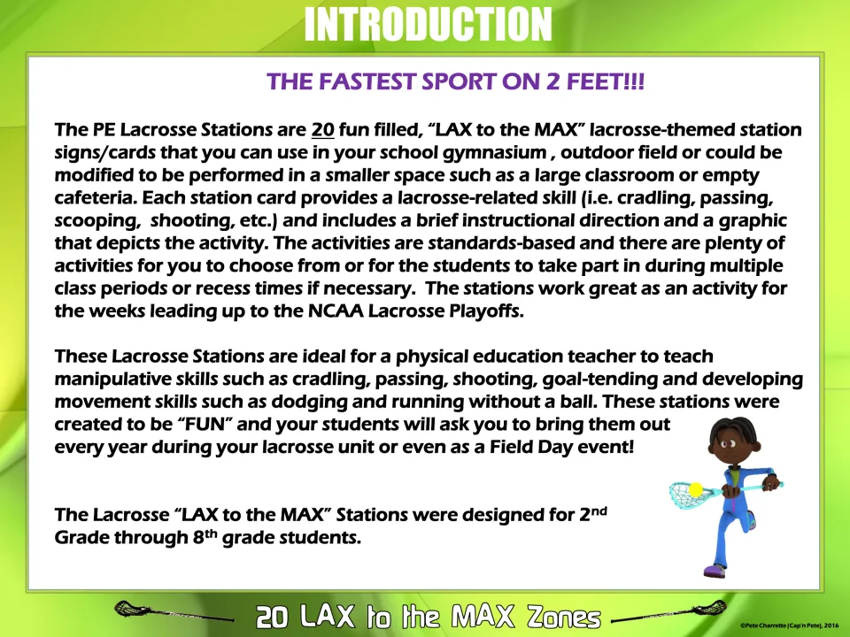 Introduction to the 20 lacrosse station cards, covering skill practice, activity settings, and grades 2–8