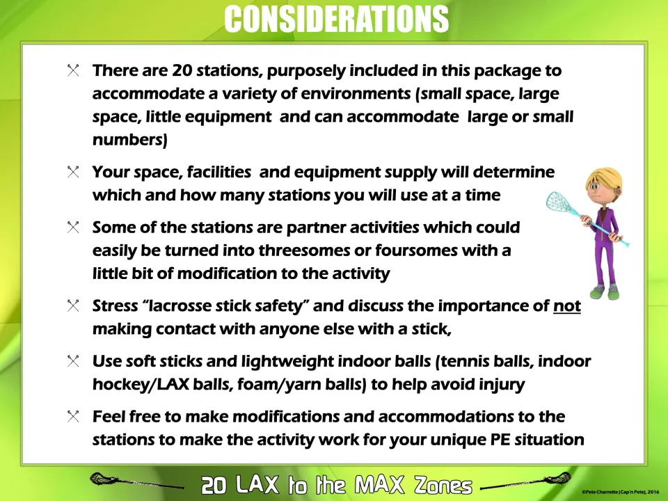 Lacrosse station considerations covering space, equipment, group sizes, stick safety, and modifications