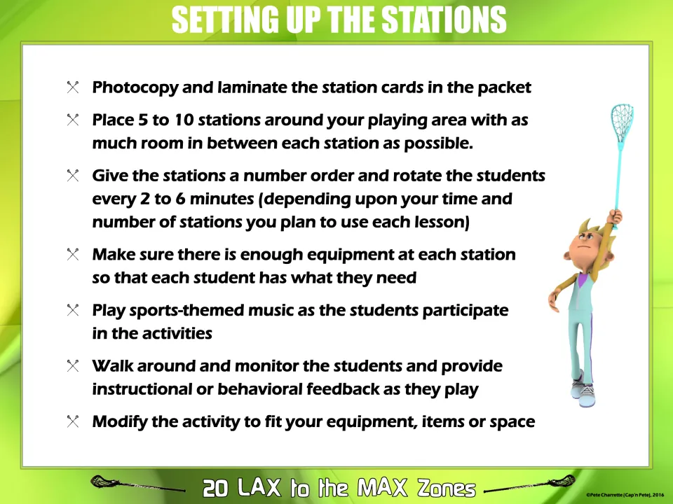 Lacrosse station setup directions: laminate cards, choose 5–10 stations, and rotate every 2–6 minutes