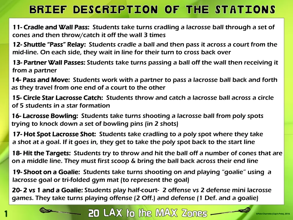 Summaries of lacrosse stations 11–20, including wall passes, shooting, bowling, and a 2 vs 1 and a Goalie game
