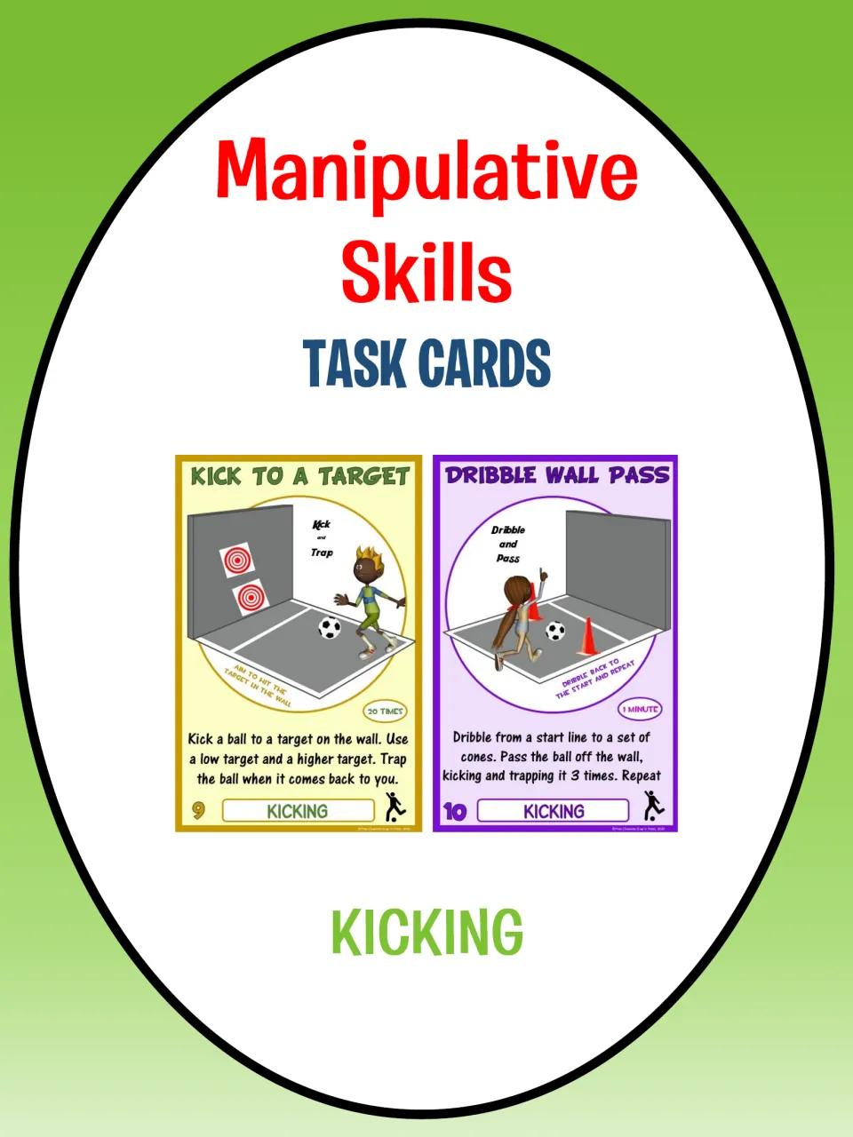 Kicking task card cover showing sample cards titled Kick to a Target and Dribble Wall Pass