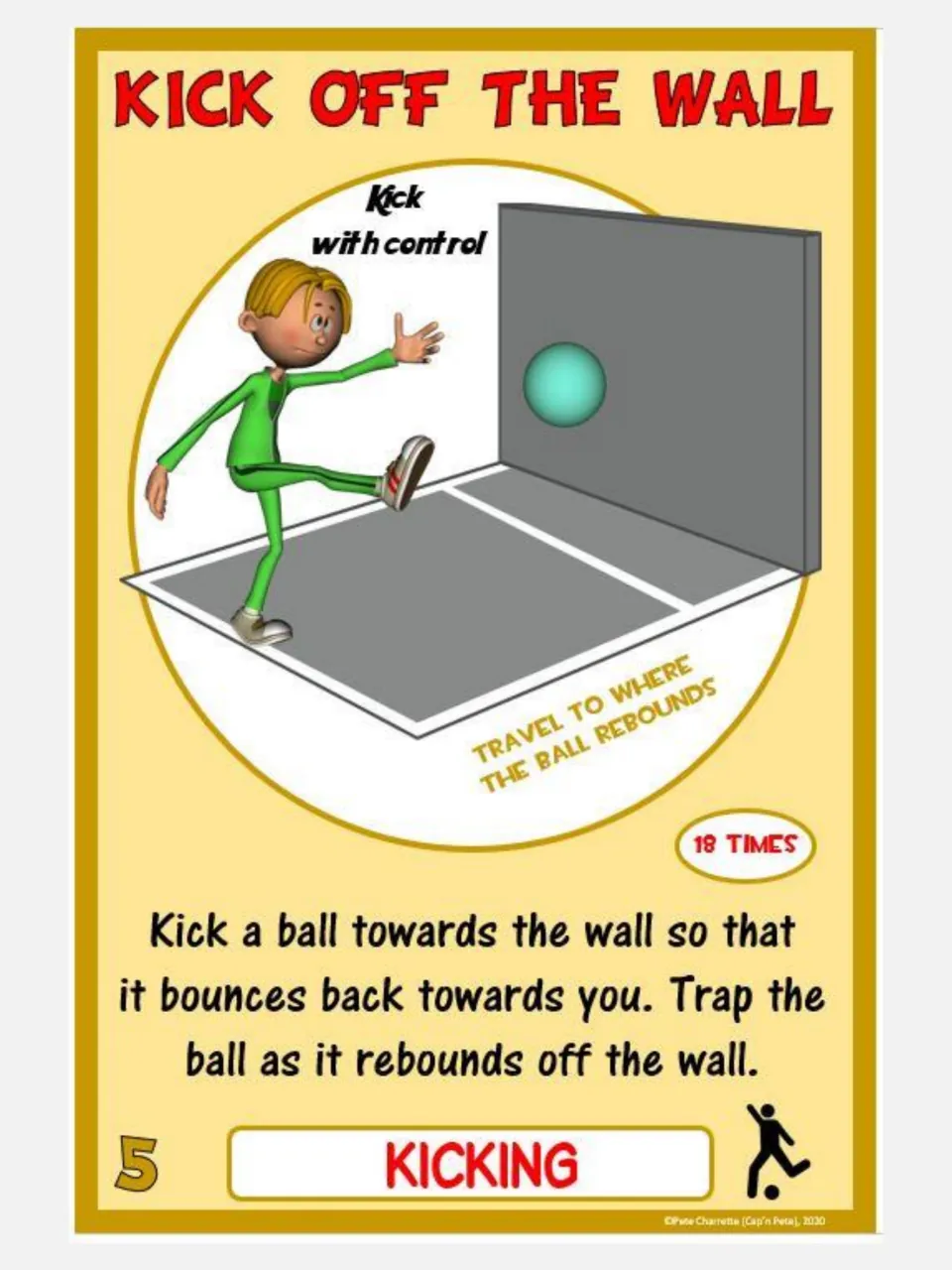 Kicking card 5, Kick Off the Wall: kick a ball toward a wall and trap it as it rebounds, repeating 18 times