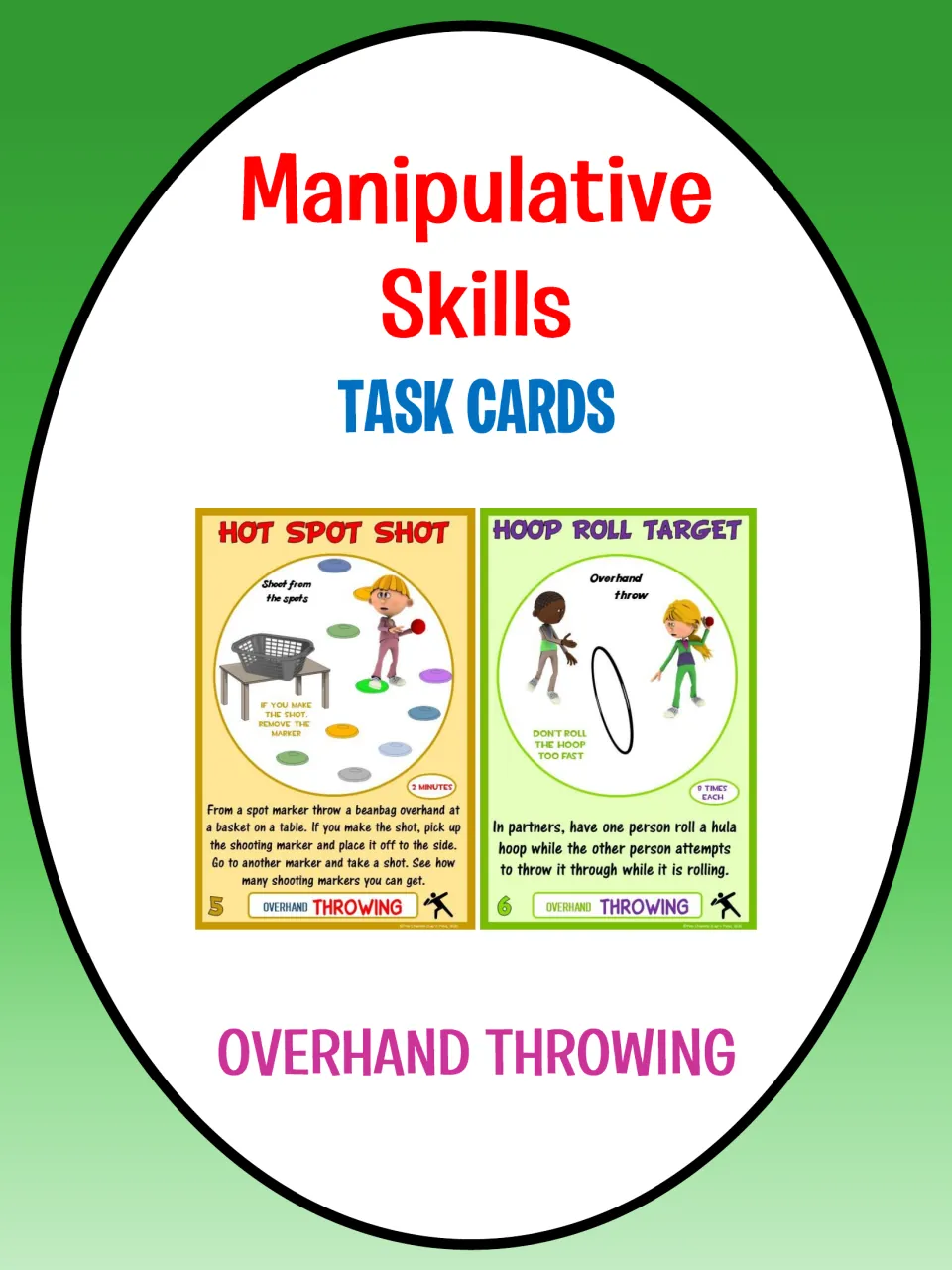 Cover for overhand throwing task cards, showing sample activities Hot Spot Shot and Hoop Roll Target