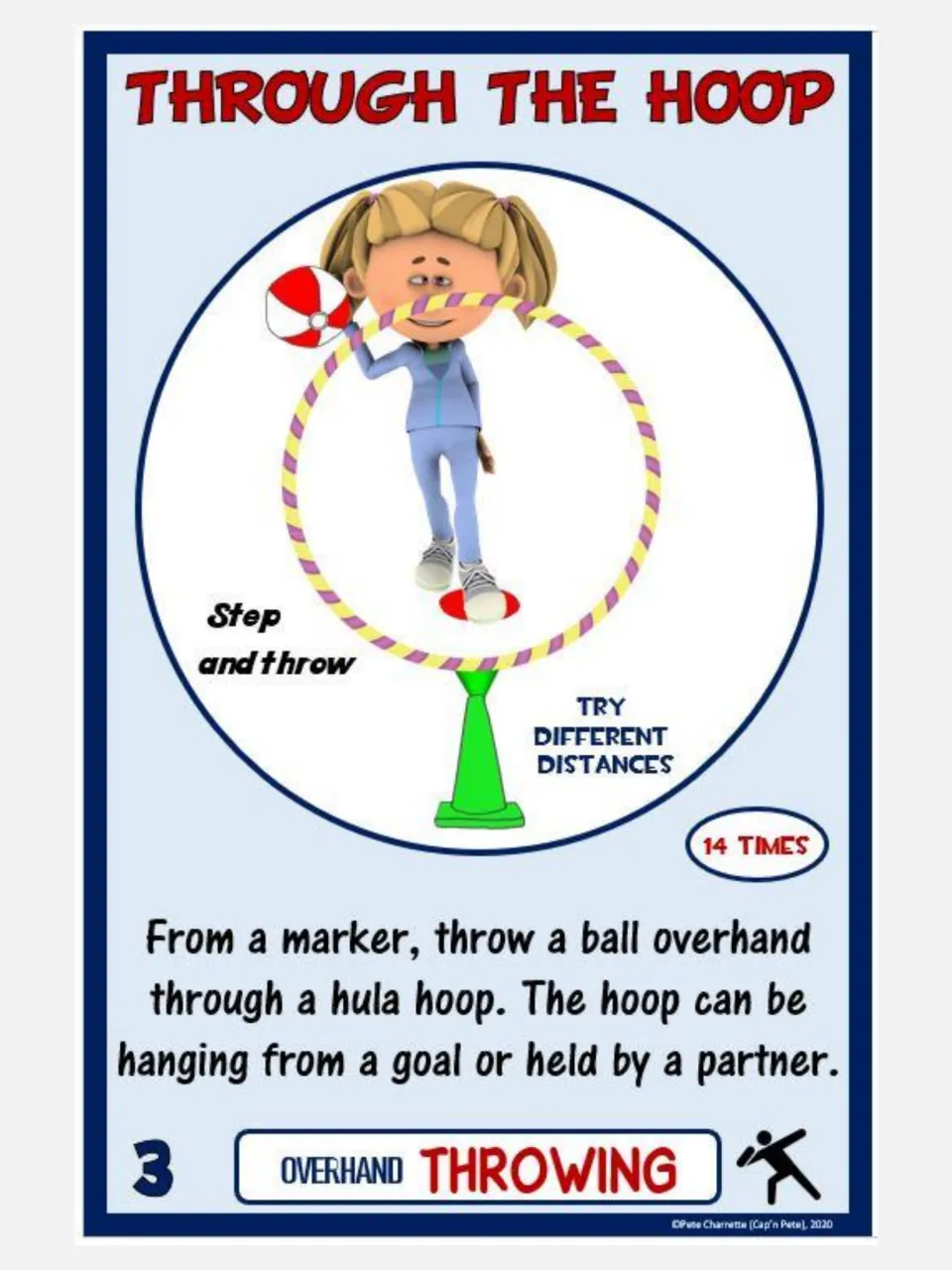 Overhand throwing card 3, Through the Hoop: throw a ball through a hanging or partner-held hula hoop