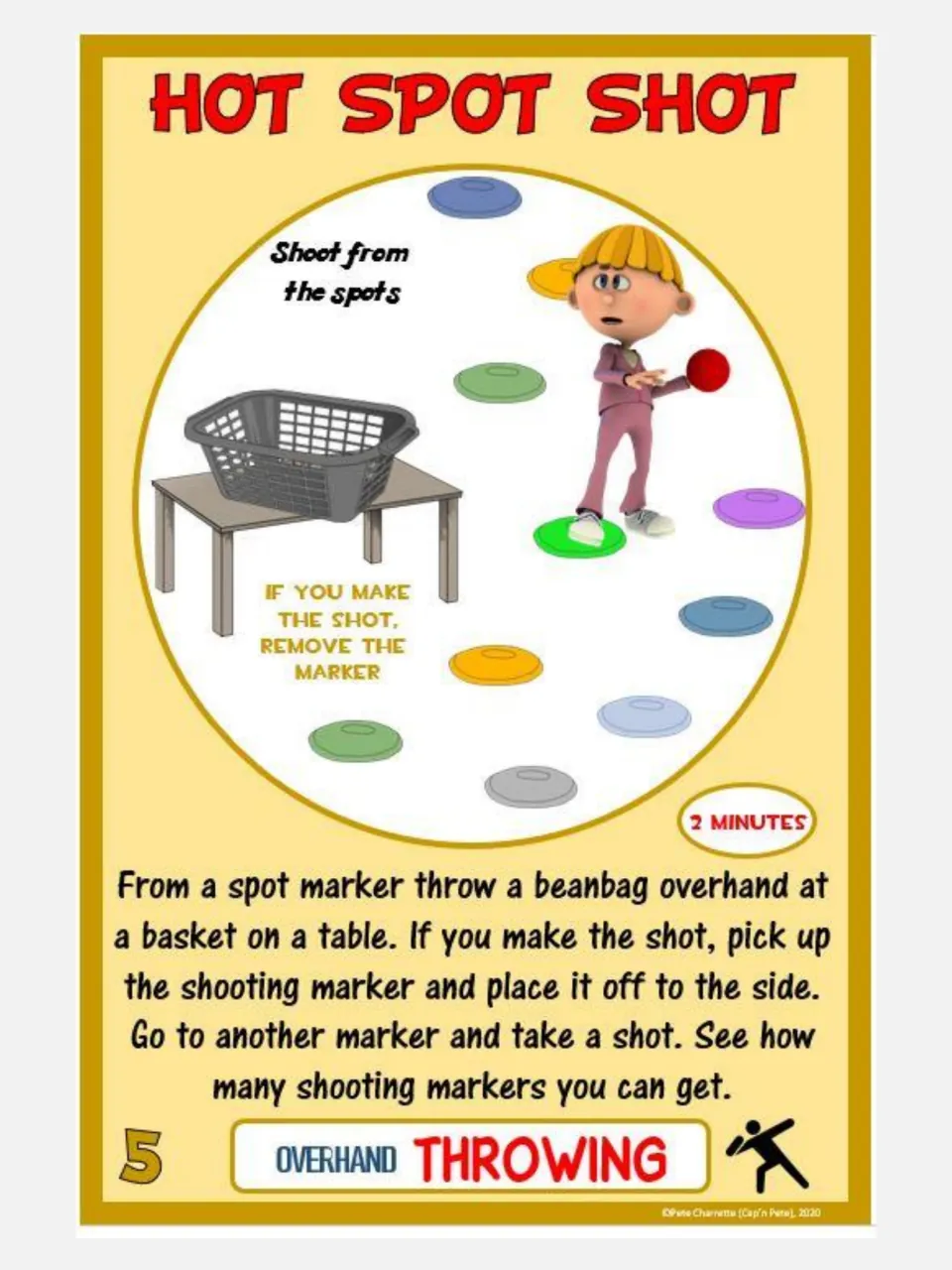 Overhand throwing card 5, Hot Spot Shot: throw a beanbag at a basket and collect markers for successful shots