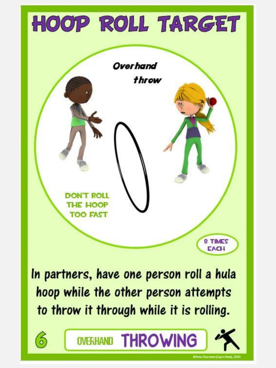 Overhand throwing card 6, Hoop Roll Target: partners roll a hula hoop and throw through it eight times each